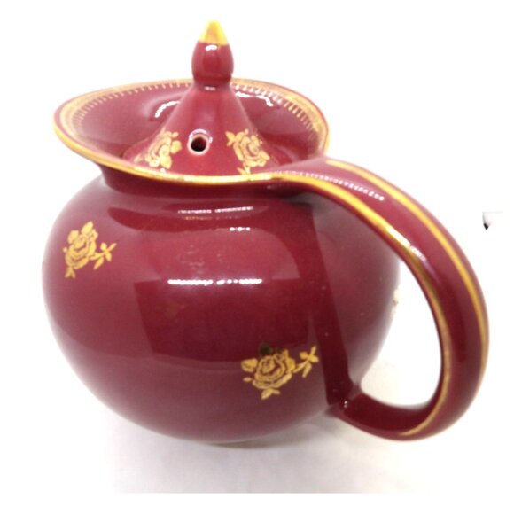 Hall 0693 Burgundy 6 Cup Gold Rose Tea Pot preowned - Picture 5 of 7